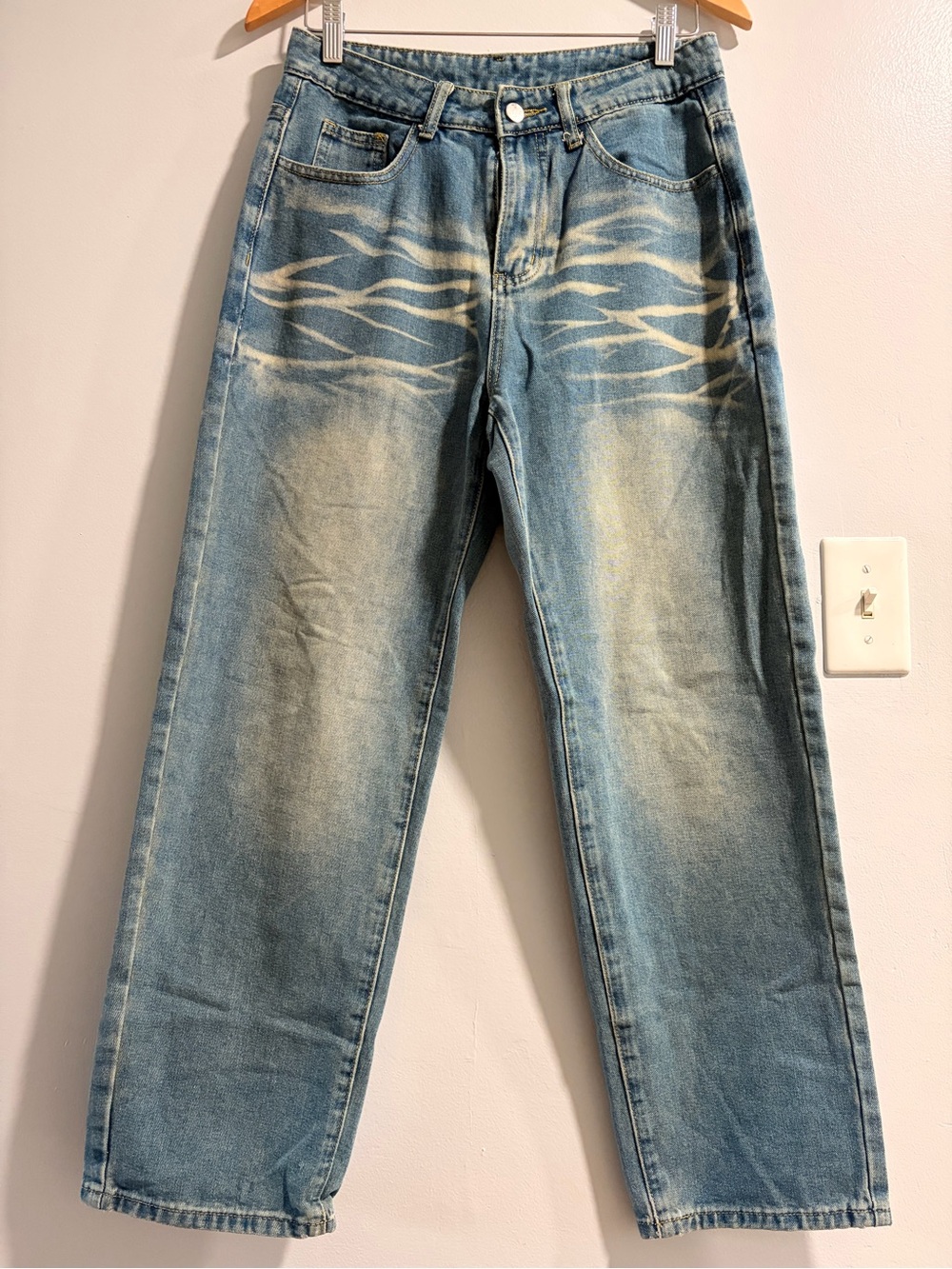 Light Blue Straight Jeans with Washed Flame Detail - Women
